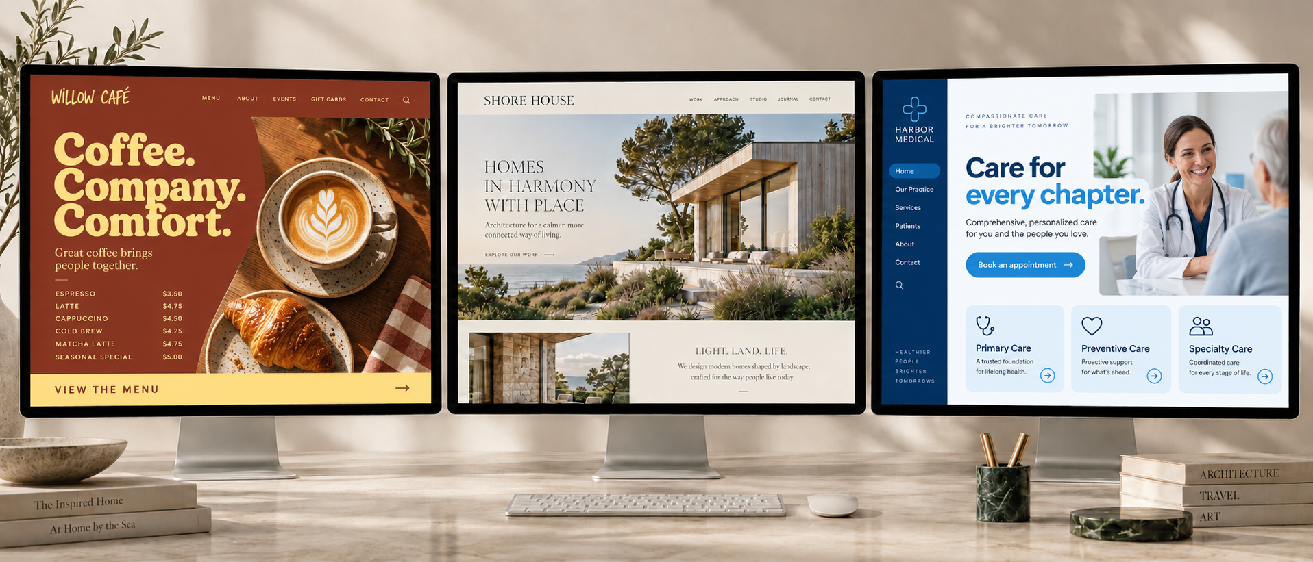 Willow Café, Shore House architecture studio, and Harbor Medical website concepts